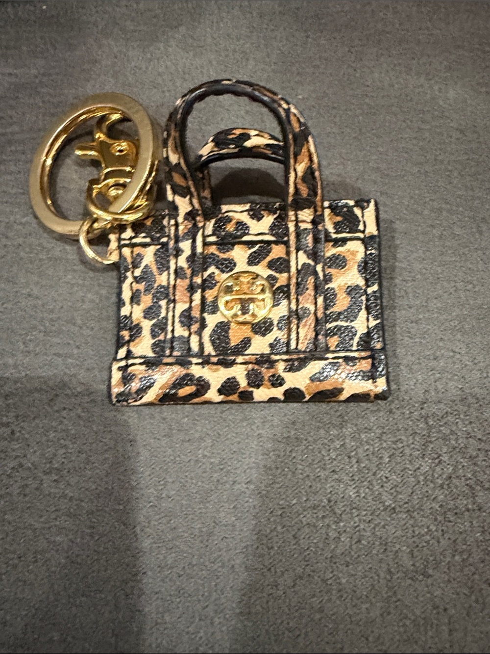 Tory Burch Leopard Mini Tote Key Holder in Tan and Black